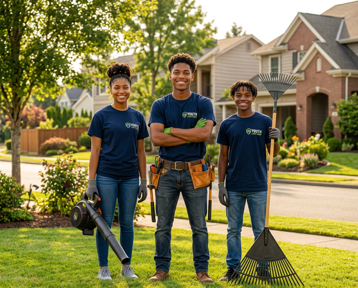 The Youth Labor Squad crew standing together on a residential lawn in matching navy shirts, holding a rake and leaf blower.