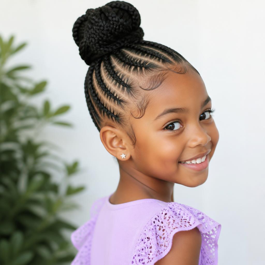 Braided cornrows leading into a top-knot bun