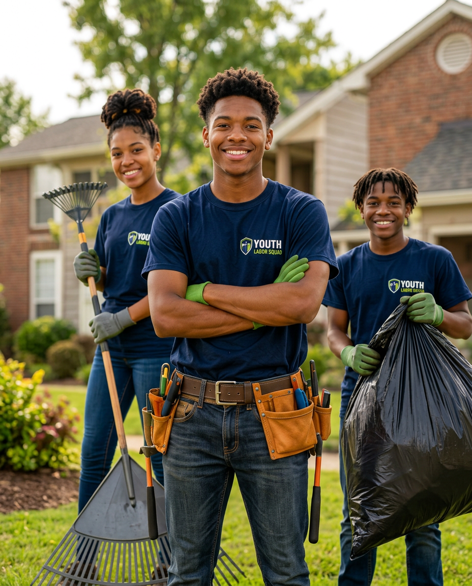 Three smiling young Youth Labor Squad crew members in matching navy shirts standing outside a home, holding a rake and trash bag.